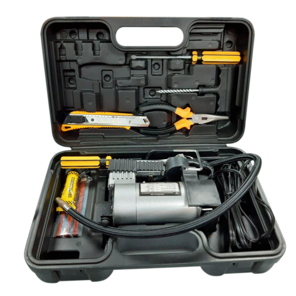 KIT COMPRESOR Y HERRAMIENTAS EN CAJA PLASTICA